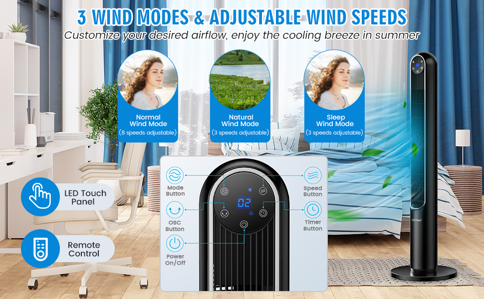 COSTWAY Tower Fan with Remote, Portable 80°Oscillating Fan with 3 Wind