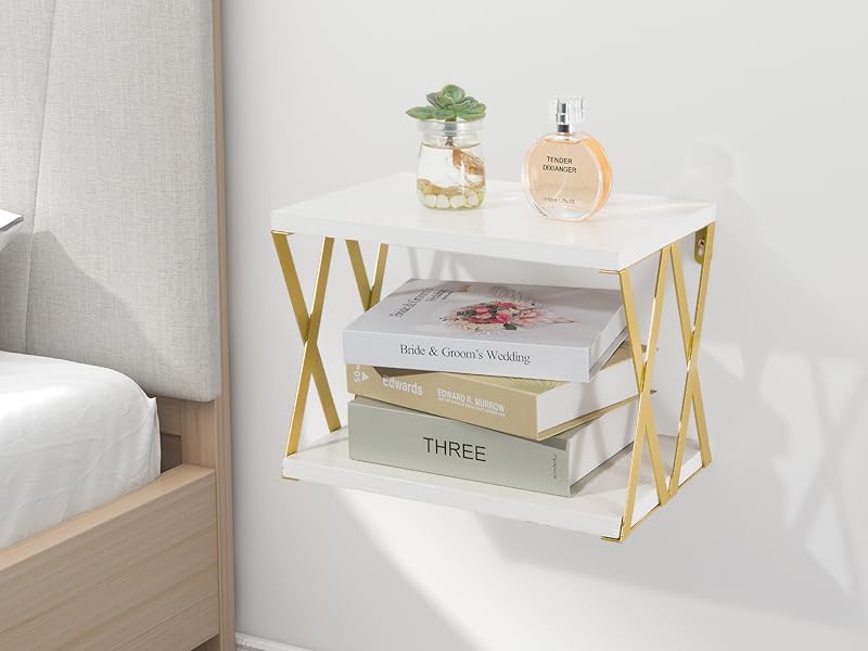 Afuly Floating Shelves White Gold Wall Shelf Wooden with Metal Bracket