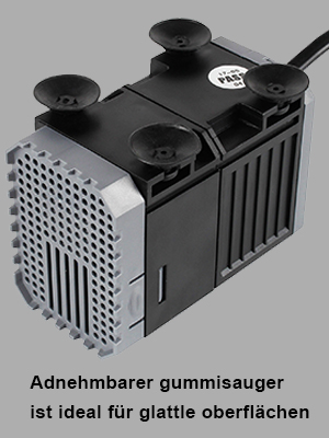 Schwarzes elektronisches Gerät mit mehreren Saugnäpfen, Belüftungsöffnungen und einem Netzschalter. Der deutsche Text weist darauf hin, dass es ideal für glatte Oberflächen ist.
