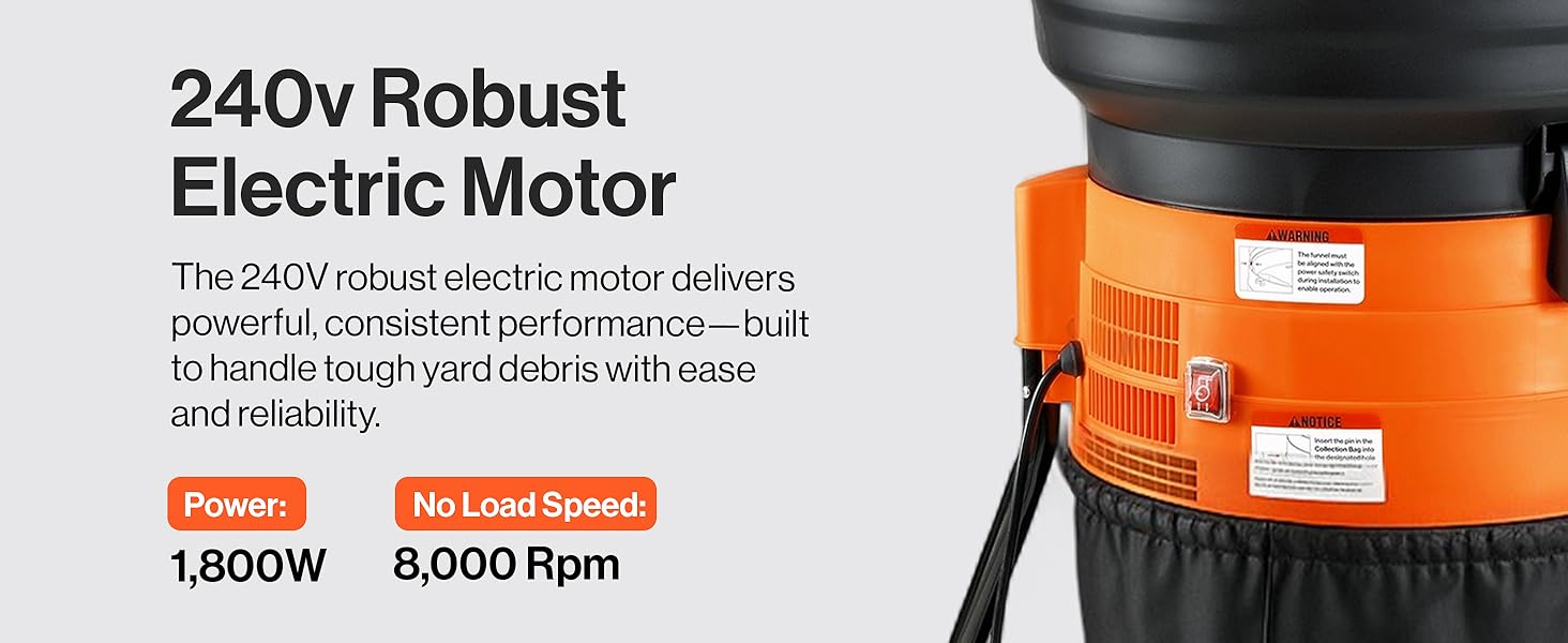 Text reads '240v Robust Electric Motor' and '1,800W 8,000 Rpm'. Shows orange and black industrial motor unit with detailed specifications about consistent performance.
