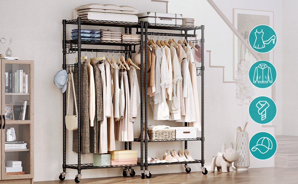NATRKE Garment Rack with Storage Shelves, 3 Tiers Clothes