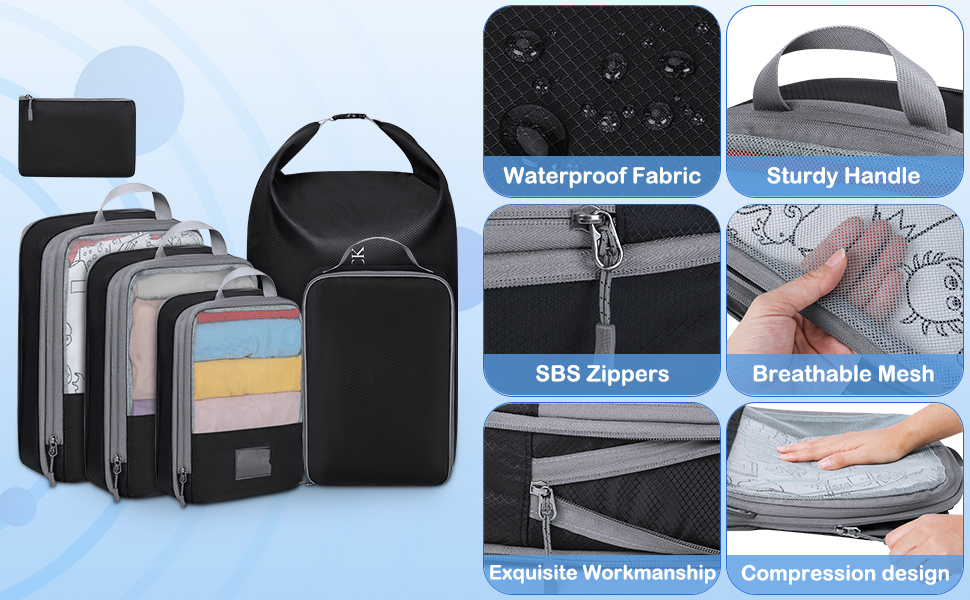 Packing Cubes Compression Packing Cubes for Travel Organizer 6 Sets Travel Essentials Waterproof