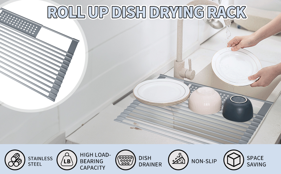 SJTOEB Roll up Dish Drying Rack Over The Sink, Silicone Wrapped Over Sink Dish