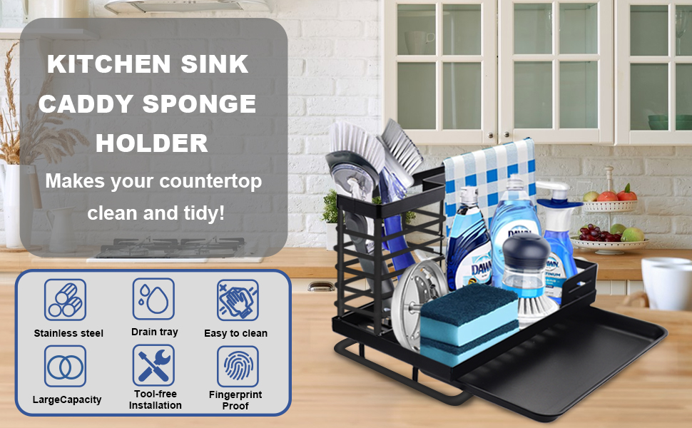 Teemuday Kitchen Sink Organizer for Countertop, Sink Caddy Organizer Drain Rack