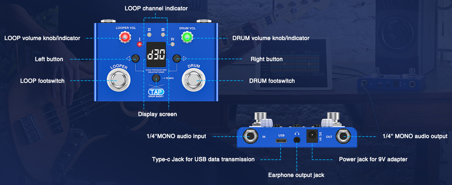 LEKATO Drum Looper Pedal with Tuner, 4 Loops 11 Minutes Loop Pedal with