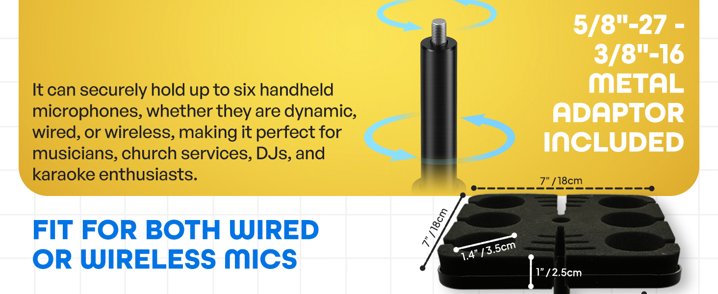 holds up to six handheld microphones, fits for both wired and wireless mics, metal adapter included