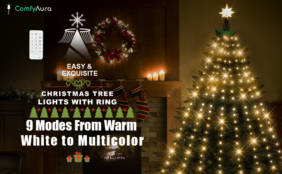 ComfyAura Easy Halo LED Christmas Tree Lights with Ring Warm White