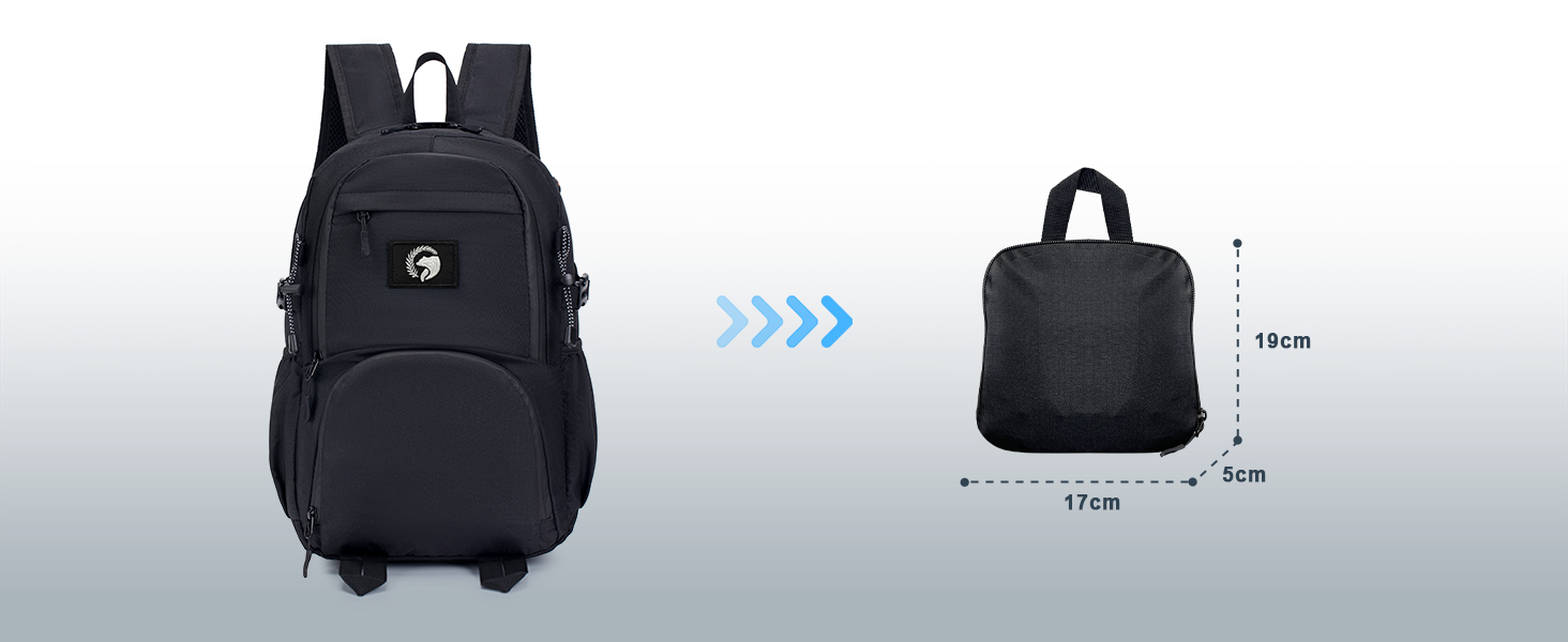 Sac à dos noir avec plusieurs poches et un diagramme de comparaison des tailles indiquant les dimensions de 17 cm de largeur et 19 cm