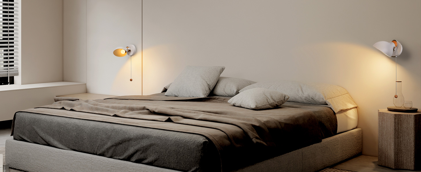 Description Picture 2 of itemPull Cord Wall Lights E14, White Rotatable Vintage Wall Light with E14 Bulb Retro Metal and Wood Wall Sconce for Bedroom Hallway