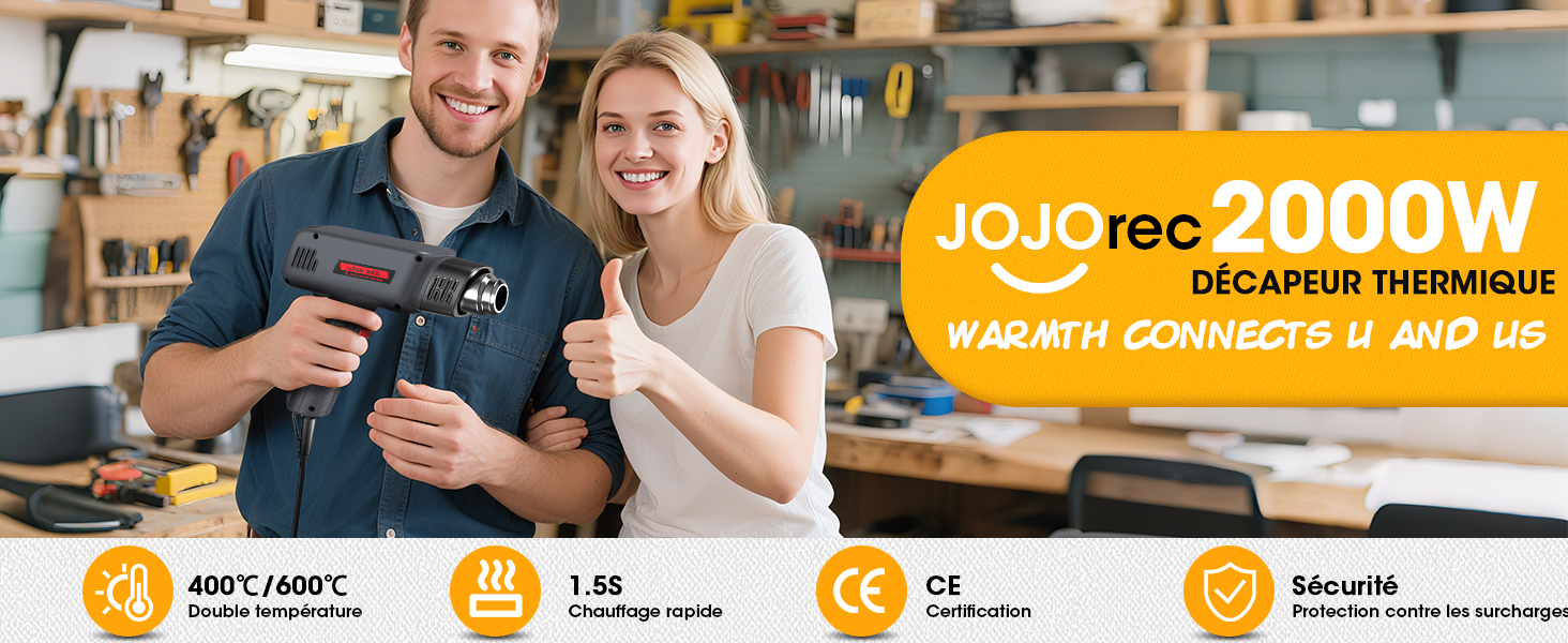 avec plage de température de 400 °C à 600 °C. Doté d'un cordon de 1,8 m, d'une certification CE et d'une protection de sécurité. Produit présenté en atelier.