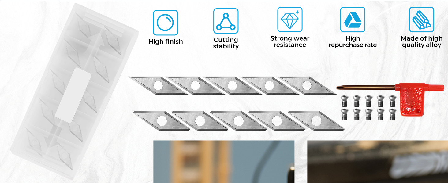 10Pcs Tungsten Carbide Cutters Set for Wood Lathe Turning Tools, Include 30x10mm Diamond Pointed Corner and Rounded Corner Diamond 5 Each, Supplied With Screws and Screwdriver 9 10Pcs Tungsten Carbide Cutters Inserts Set for Wood Lathe Turning Tools