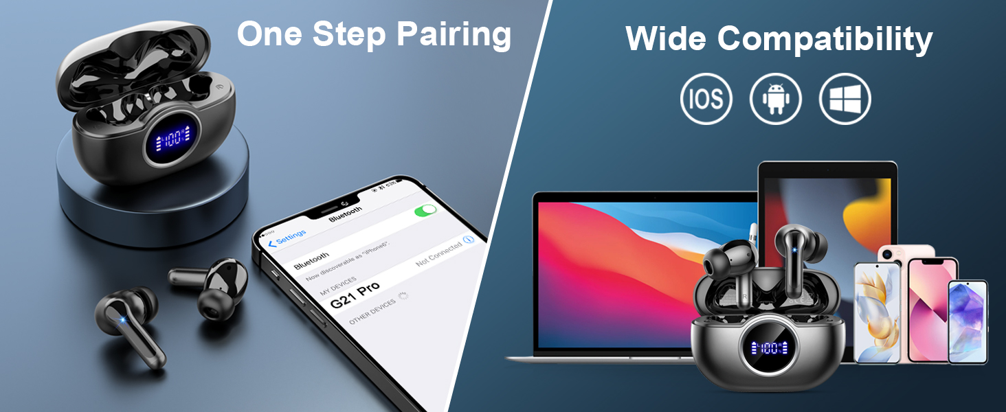 Wireless earbuds in charging case next to smartphone. Text 'One Step Pairing' and 'Wide Compatibility' with device icons visible.