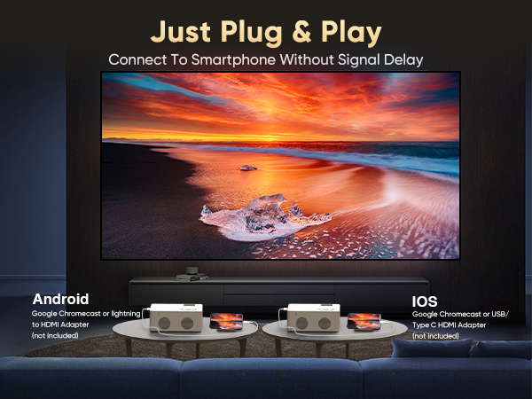 Bildschirmdisplay mit Strandszene bei Sonnenuntergang, mit Android- und iOS-Konnektivitätsoptionen und „Just Plug & Play“