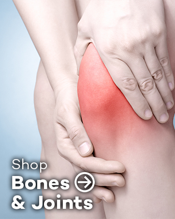 Close-up of hands touching a knee with a red highlighted area indicating pain. Text overlay reads 'Shop Bones & Joints'.
