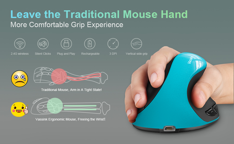Vassink Ergonomic Mouse, Rechargeable Wireless Mouse Right