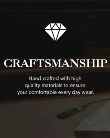 Black background with white diamond icon and text 'CRAFTSMANSHIP' followed by description of hand-crafted quality materials for comfortable wear.