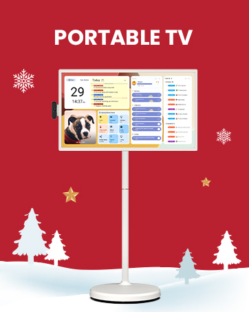 Text reads 'PORTABLE TV'. Red background with white snowflake and tree silhouettes, showing mounted display screen with interface elements.