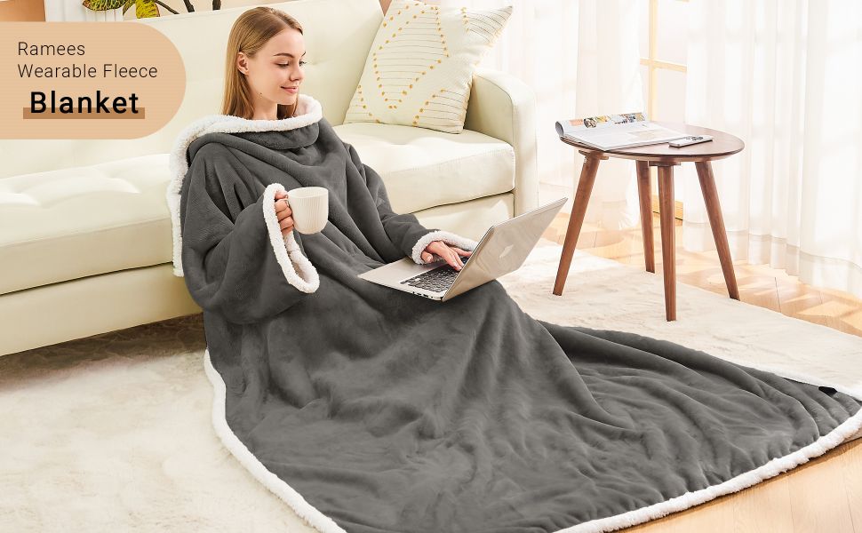 Ramees Sherpa Wearable Blanket with Sleeves and Pockets, Soft Warm TV Blanket Throw