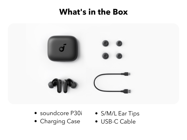 Contents of a soundcore P30i package: earbuds, charging case, S/M/L ear tips, and USB-C cable, displayed with labeled components.