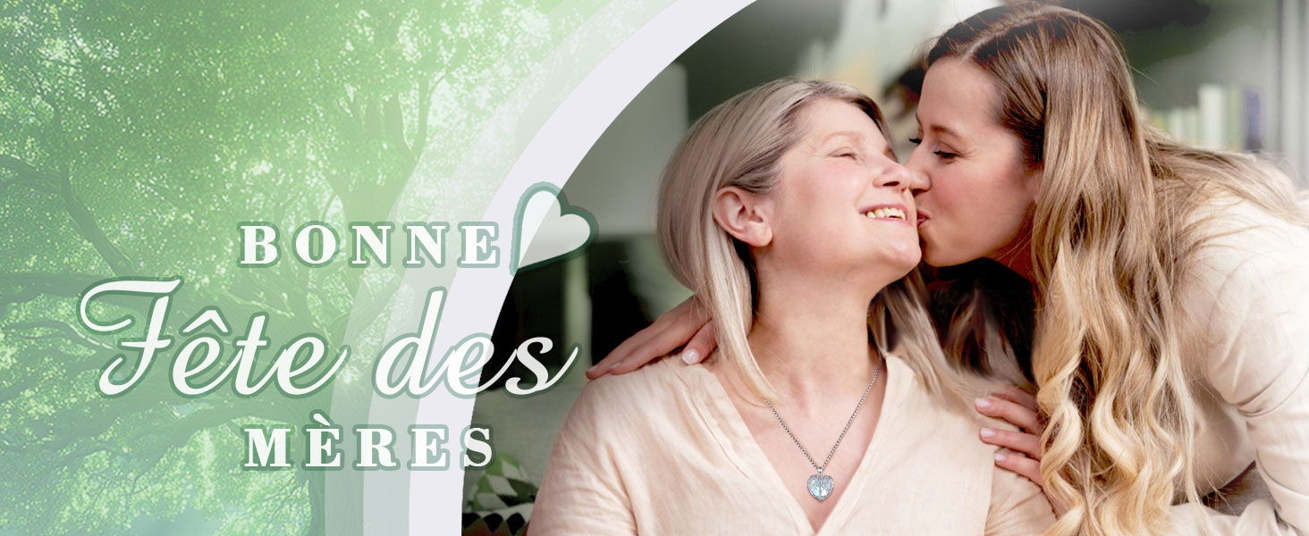 Collier à pendentif délicat en forme de cœur sur une fine chaîne, présenté sur un fond doux avec des tons verts et un texte de fête