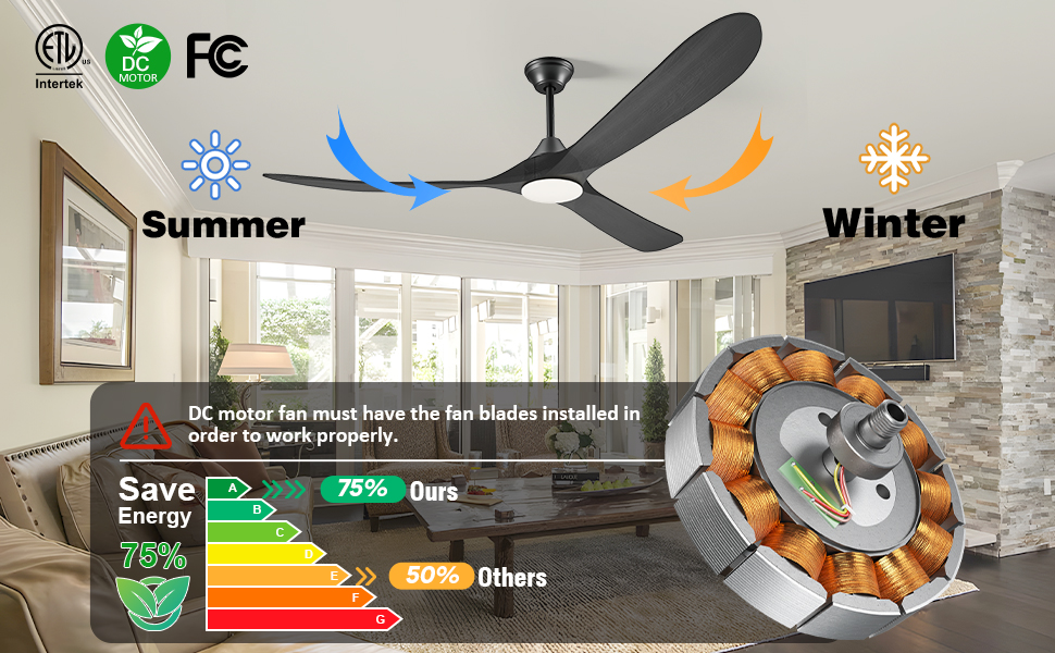 60 Inch Black Outdoor Ceiling Fans with Lights, Smart