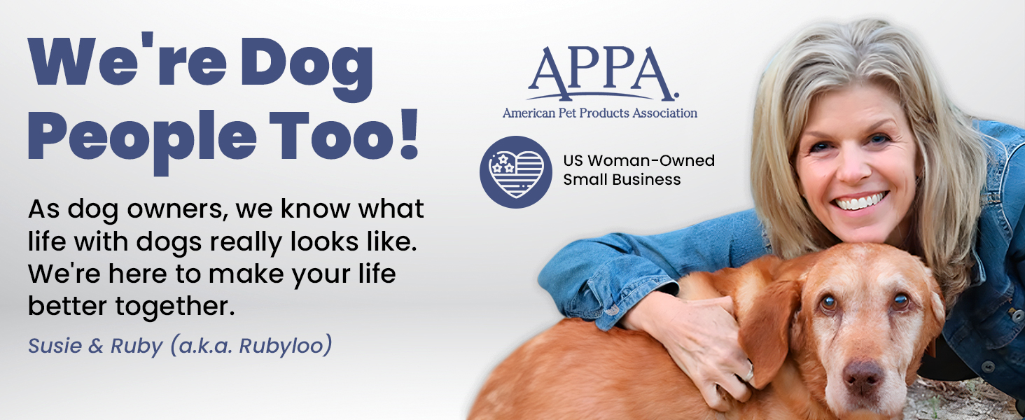 Woman smiling with her dog, showing brand’s pet-loving mission