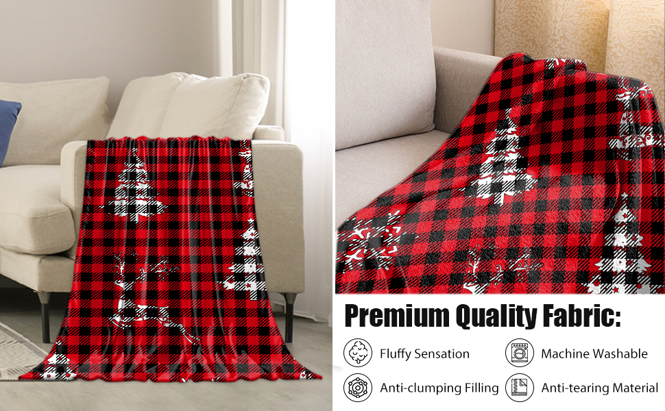Red Christmas Plaid Blanket, Soft Christmas Tree Elk