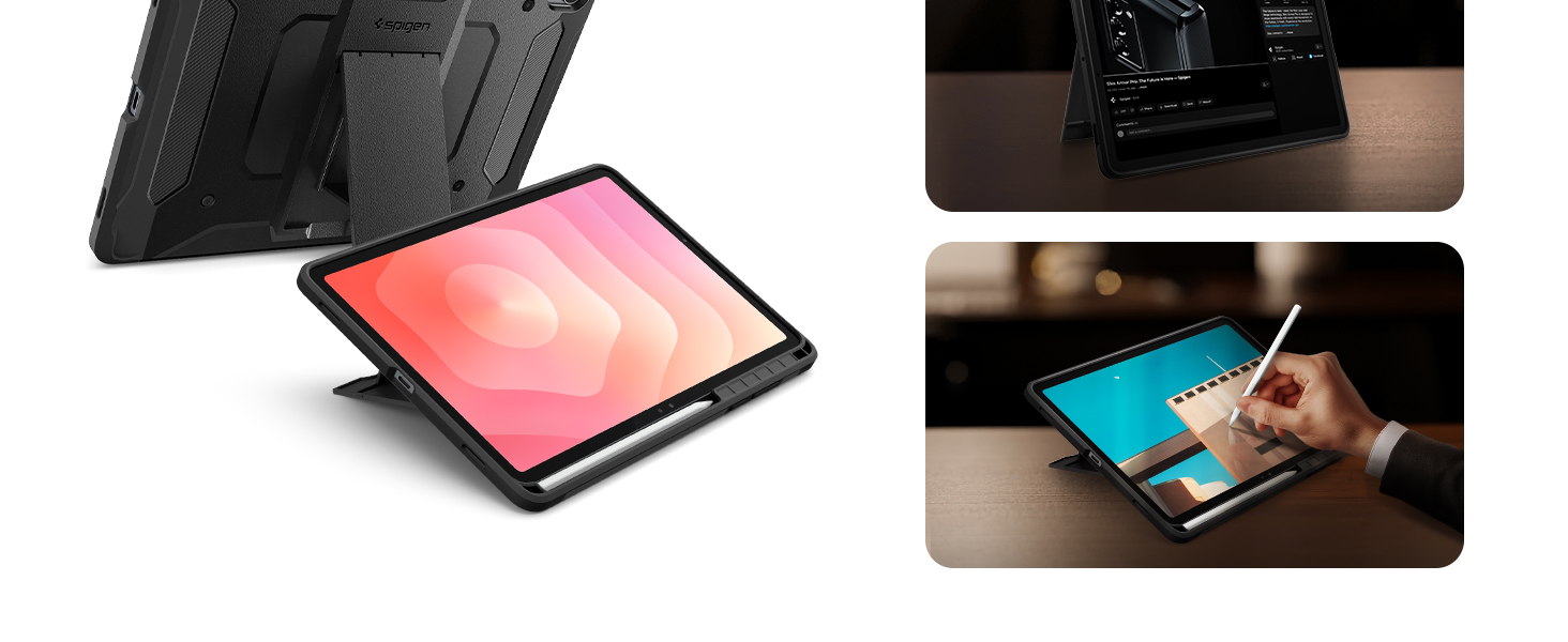 Reihe von Produktmodellbildern, die zeigen, wie Tablet-Geräte in verschiedenen Szenarien verwendet werden, wobei der Schwerpunkt auf Berührungsinteraktionen und Bildschirmanzeigen liegt.