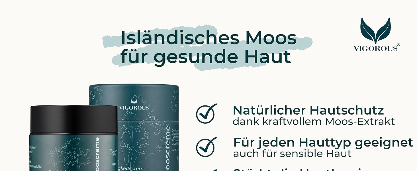 Der Text lautet „Isländisches Moos für gesunde Haut“ mit den Produkthäkchen „Natürlicher Hautschutz“ und „Für jeden Hauttyp geeignet“