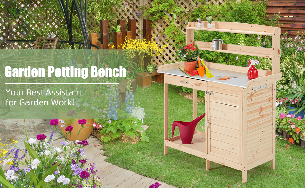EROMMY Potting Bench, Outdoor Potting Table with 2Tier