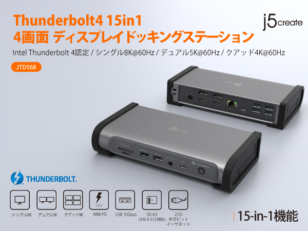j5 create JTD568 4画面ドッキングステーション JTD568 Thunderbolt4 15in1 クワッドディスプレイ ドッキング
