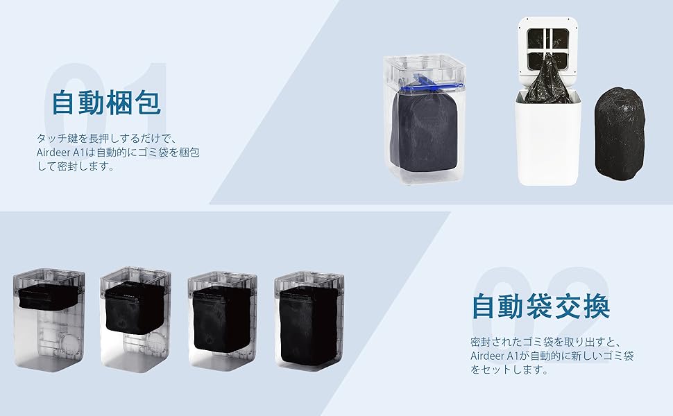 Airdeer 全自動ゴミ箱 自動梱包+補充用袋リング*3 Amazon｜Airdeer 全自動ゴミ箱 自動梱包 自動開閉 15L 電動