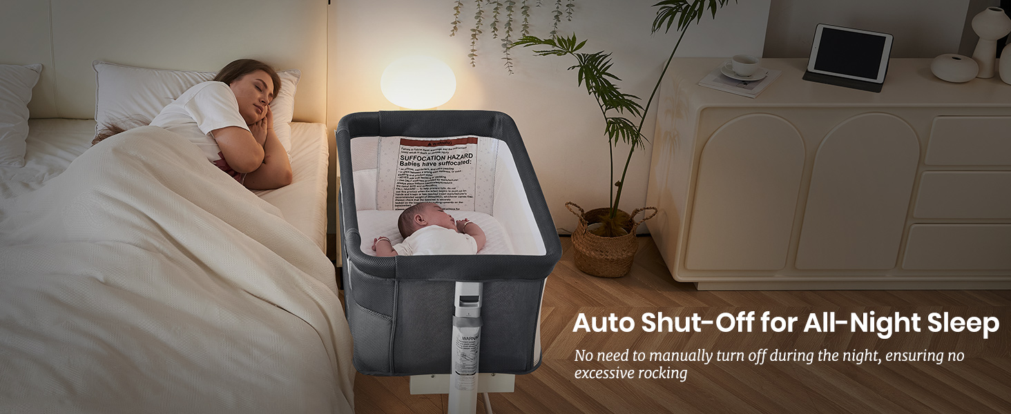 The bassinet features an auto-off function to ensure uninterrupted sleep throughout the night.