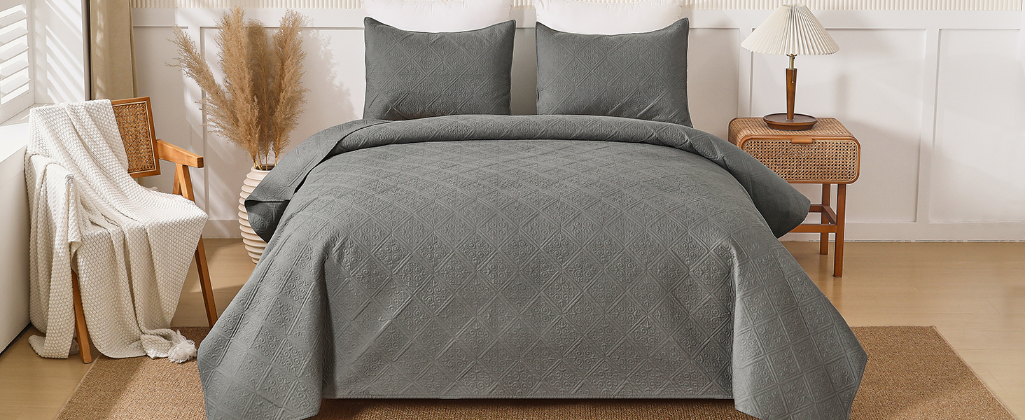OARAGE King Size Quilt Bedding Set Grey Lightweight Cal