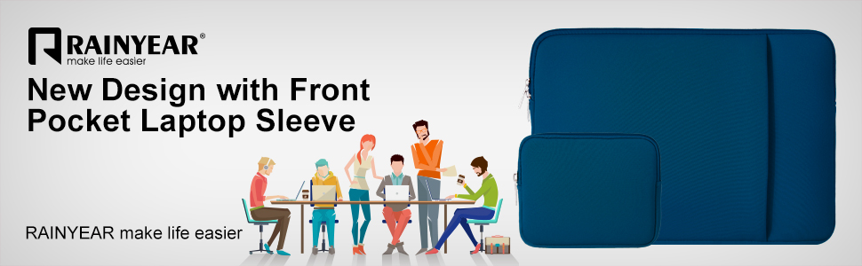 Rainyear laptop sleeve in navy blue color. Features front pocket design. Image includes cartoon people using laptops.