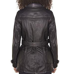 Ladies Leather Trench Coat Black Mid Length Coat Classic