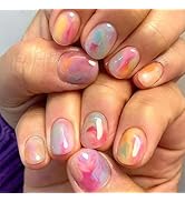 ROFIBUT Colorful Press on Nails Short Square Fake Nails with Gradient Designs Rainbow Oval False ...