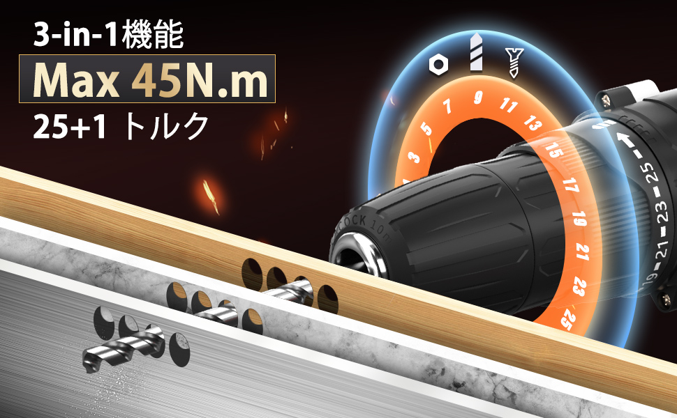 21V電動ドリルの トルク 45N.n