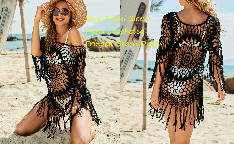 CXINS Women's Hollow Out Swimwear Cover Up Fringe Three