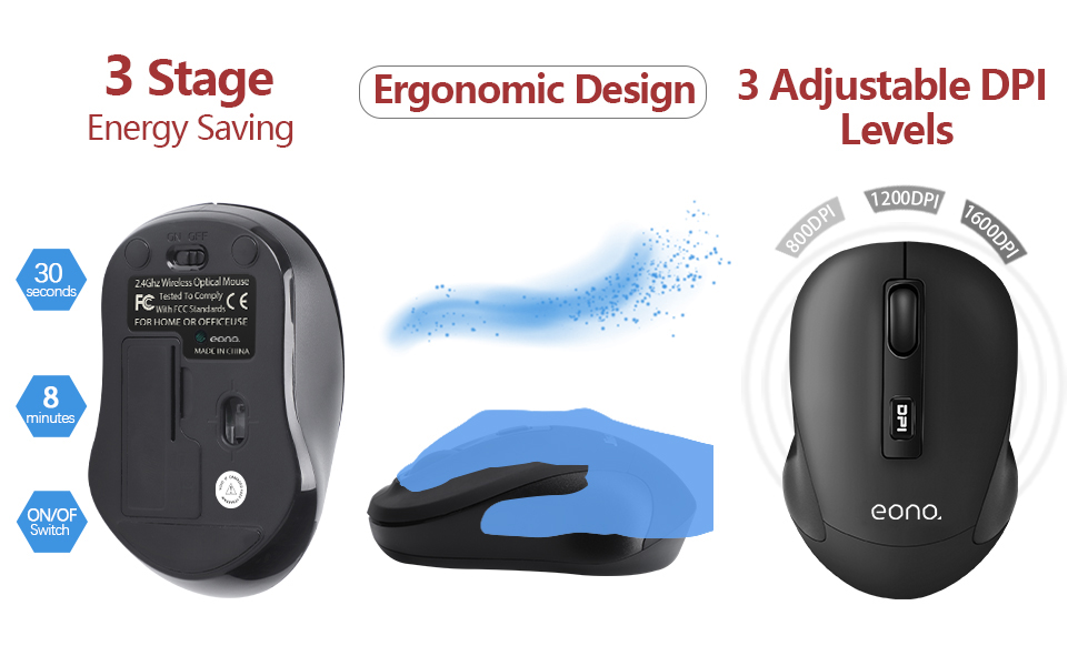 Wireless Mouse for Laptop Ergonomic Computer Mice, Mini Cordless Optical Mouse 3 Adjustable DPI
