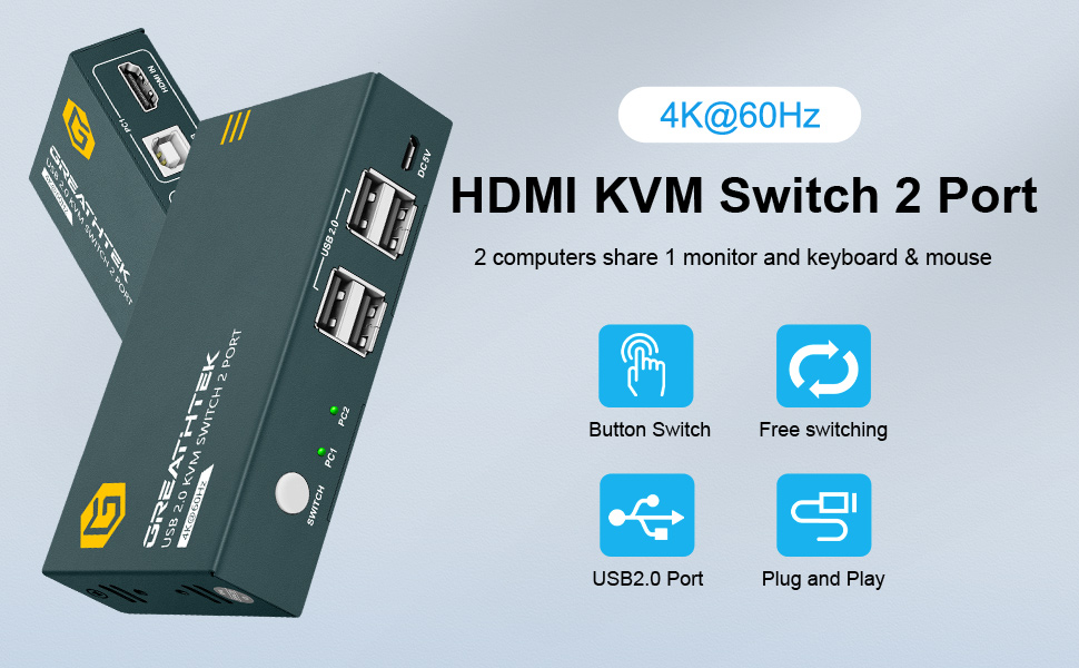 KVM Switches 2 Port 4K60Hz, GREATHTEK KVM Switch HDMI