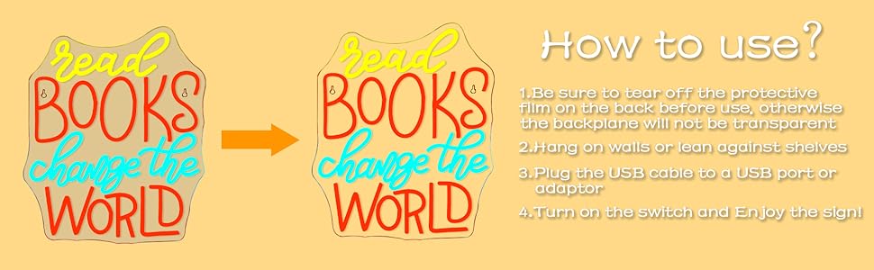 ineonlife Read Books Change The World Neon Sign, Neon Signs for Wall Decor, Dimmable Letter Led Neon Lights for Bedroom, USB Light Up Signs for Reading Room Classroom Study Group Library Decoration 26 Book Neon Lights