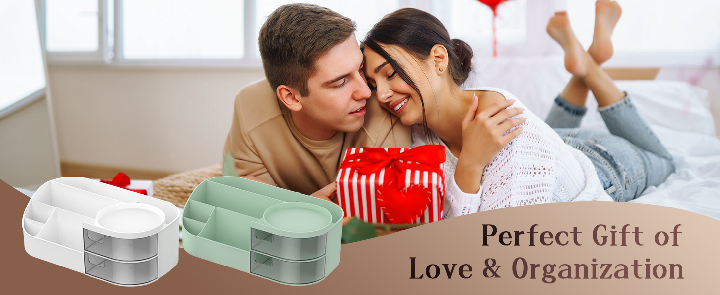 Text reads 'Perfect Gift of Love & Organization'. Image shows gift-giving scenes with wrapped presents and people in relaxed home settings.