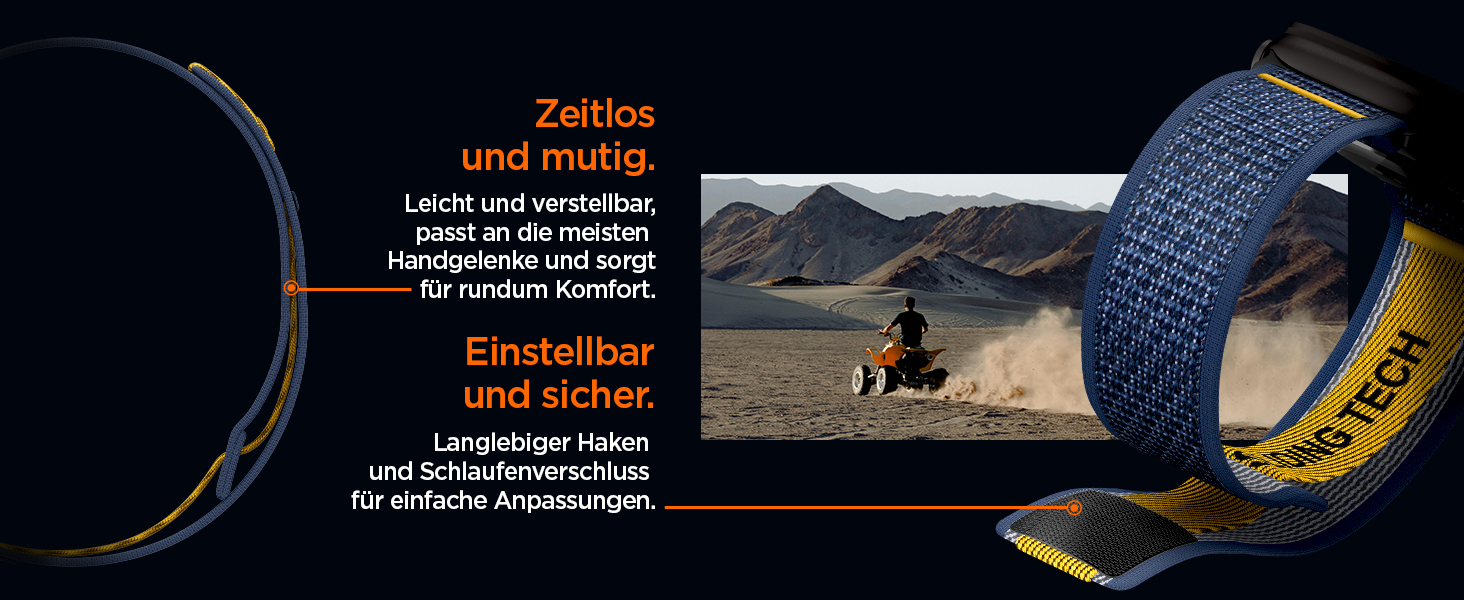 Der deutsche Text lautet „Zeitlos und rustikal“, „Elastikbar und stark“. Dunkles Produktbild mit strukturierter Oberfläche mit blauen Lichteffekten.