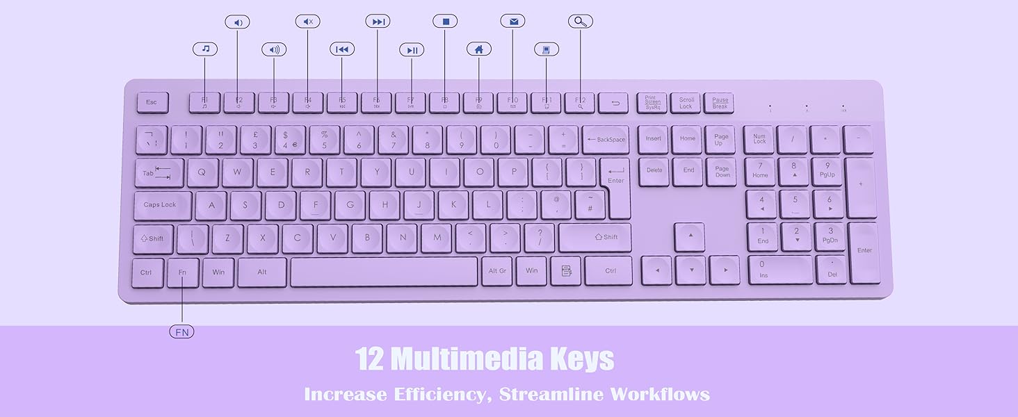 White computer keyboard with multimedia keys. Top section highlights 12 function keys for various media controls and shortcuts.