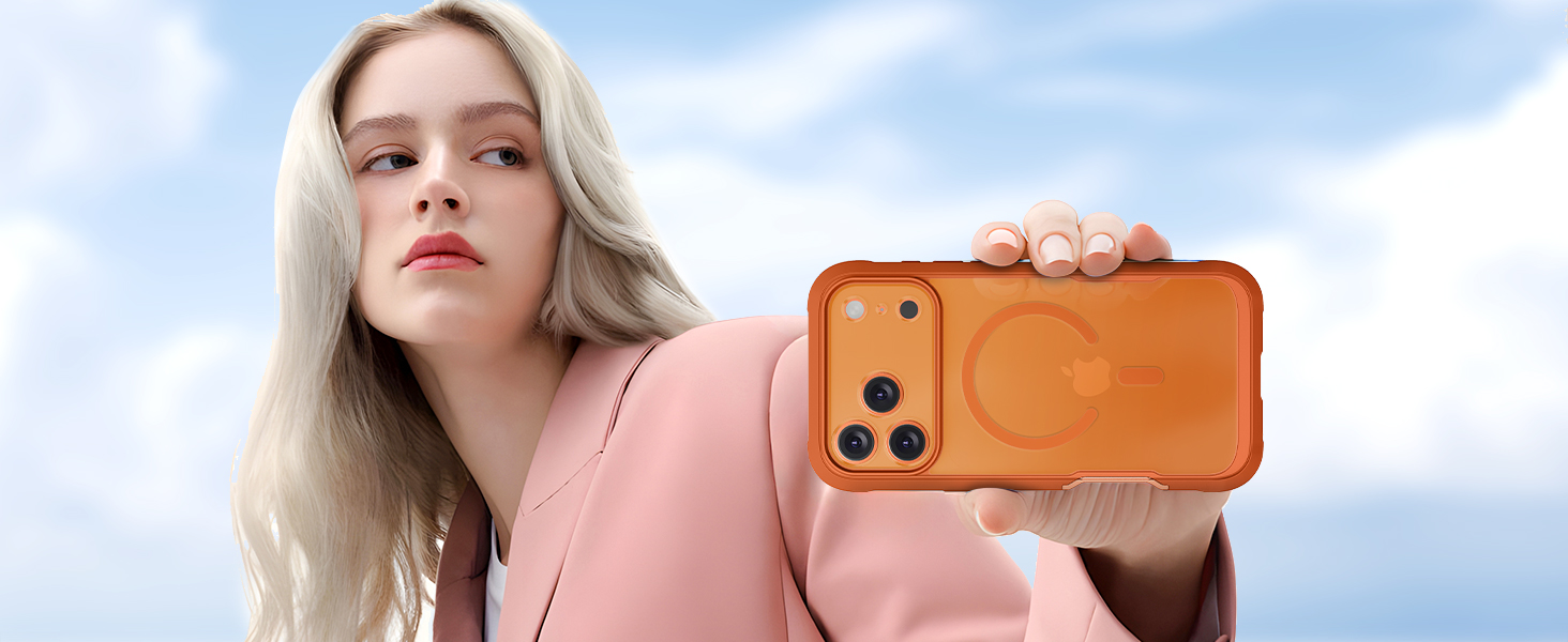 Product photography of tan leather iPhone case with camera cutout, shown against blue background.