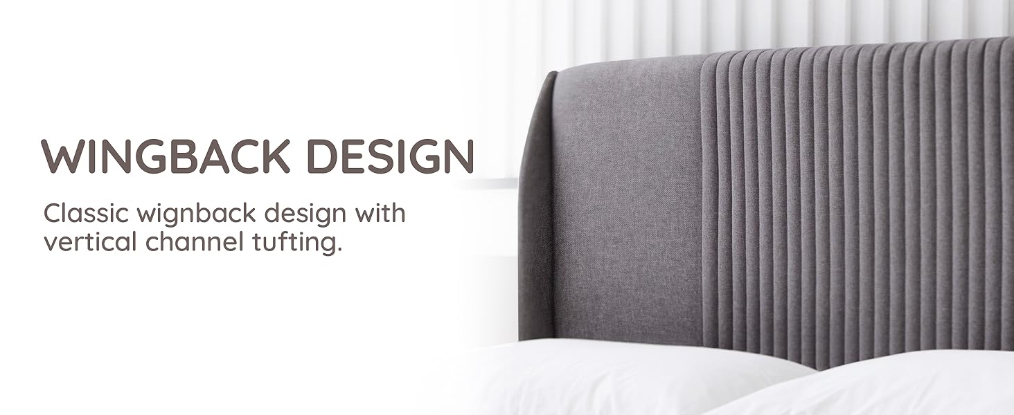 Bed Frame Fabric Upholstered Vertical Channel Tufted Wingback Headboard Footboard Strong Wood Slats