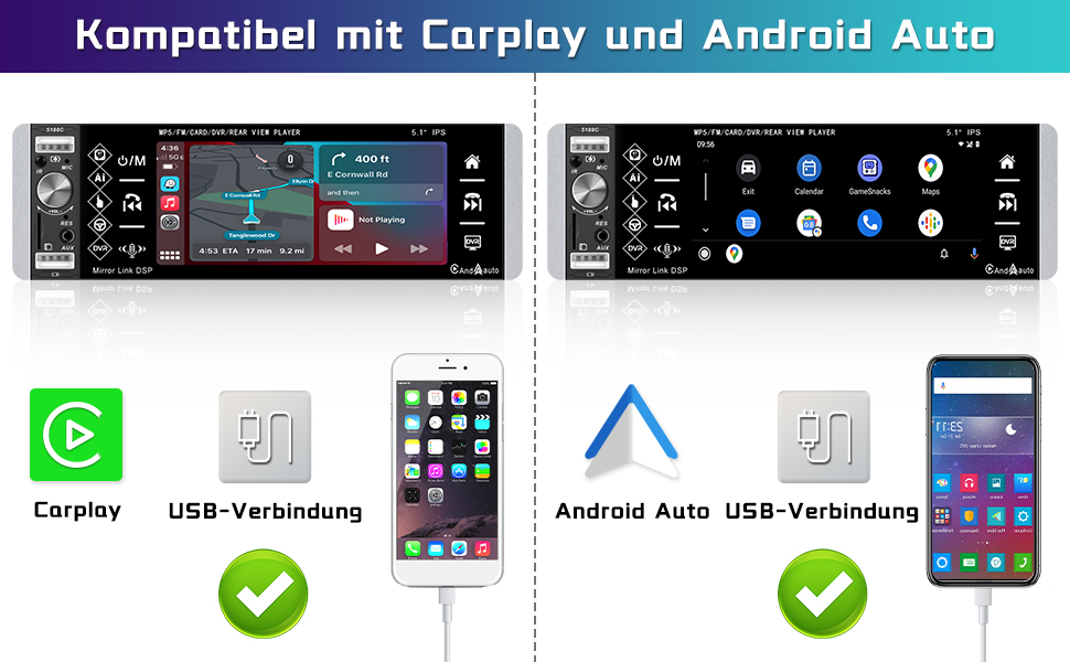DAB Autoradio Carplay&Android Auto Bluetooth 1 Din mit AI Sprachassistent 5,1 Zoll Touchscreen