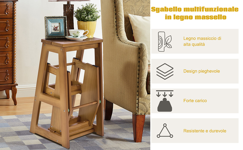 DREAMADE Sgabello Scaletta In Legno Sedia Scala Richiudibile A 3 Gradini Per Casa Negozio (Marrone Scuro) 10 2