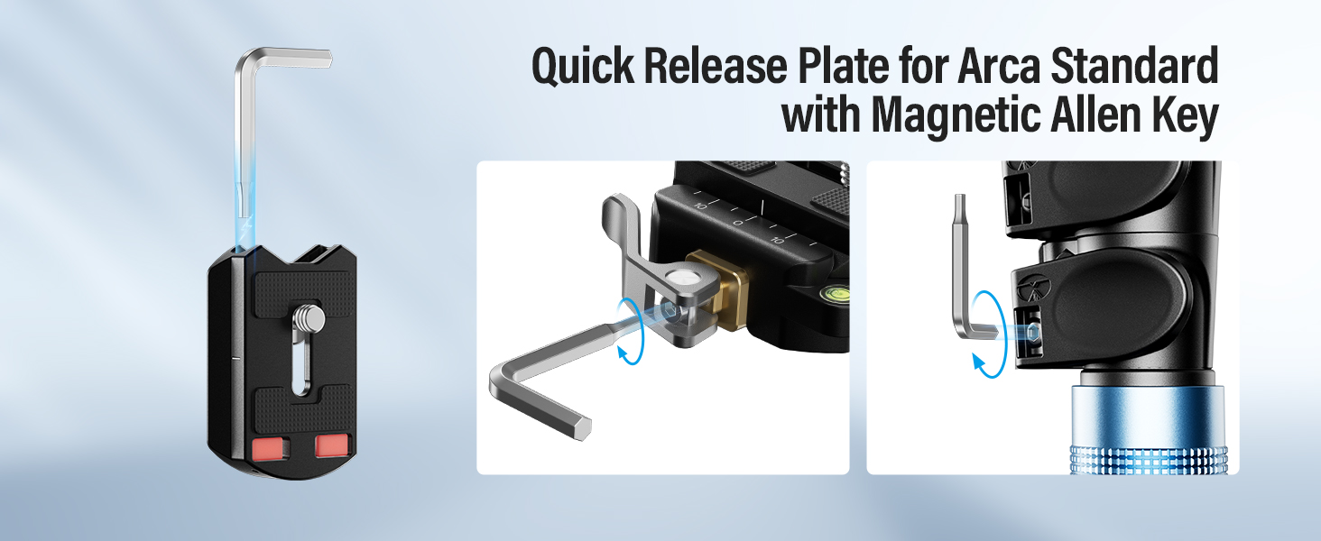 Kameraplattensystem mit Schnellverschluss, das den magnetischen Inbusschlüssel und den Montagevorgang anhand von drei Demonstrationsbildern zeigt.